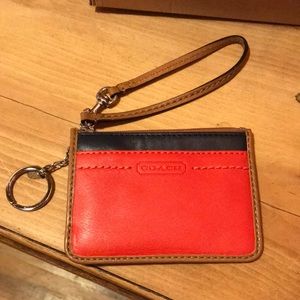 Coach coin purse, Coral, Navy and tan.